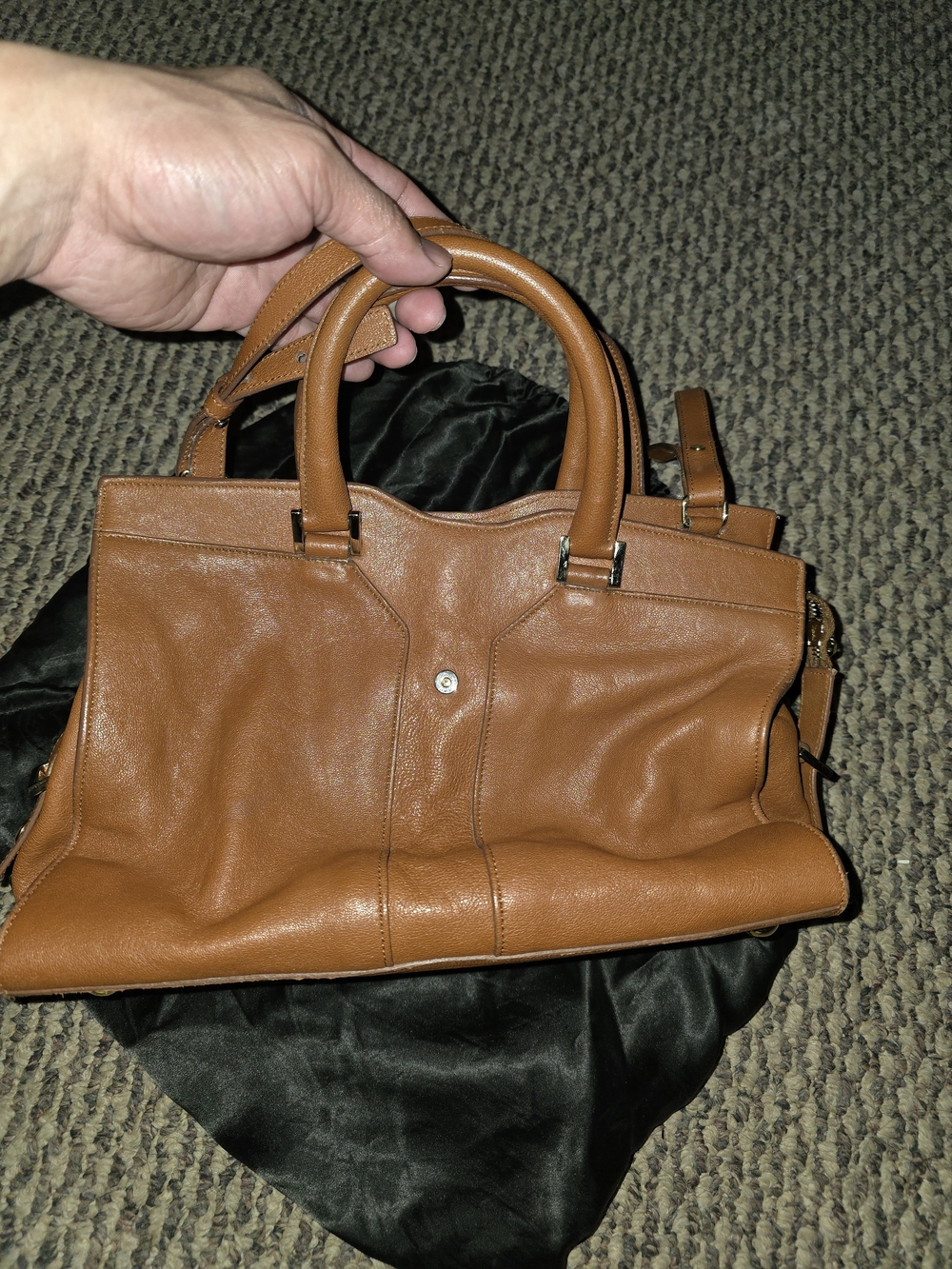 Authentic Ysl Leather Satchel Handbag in Cognac Brown